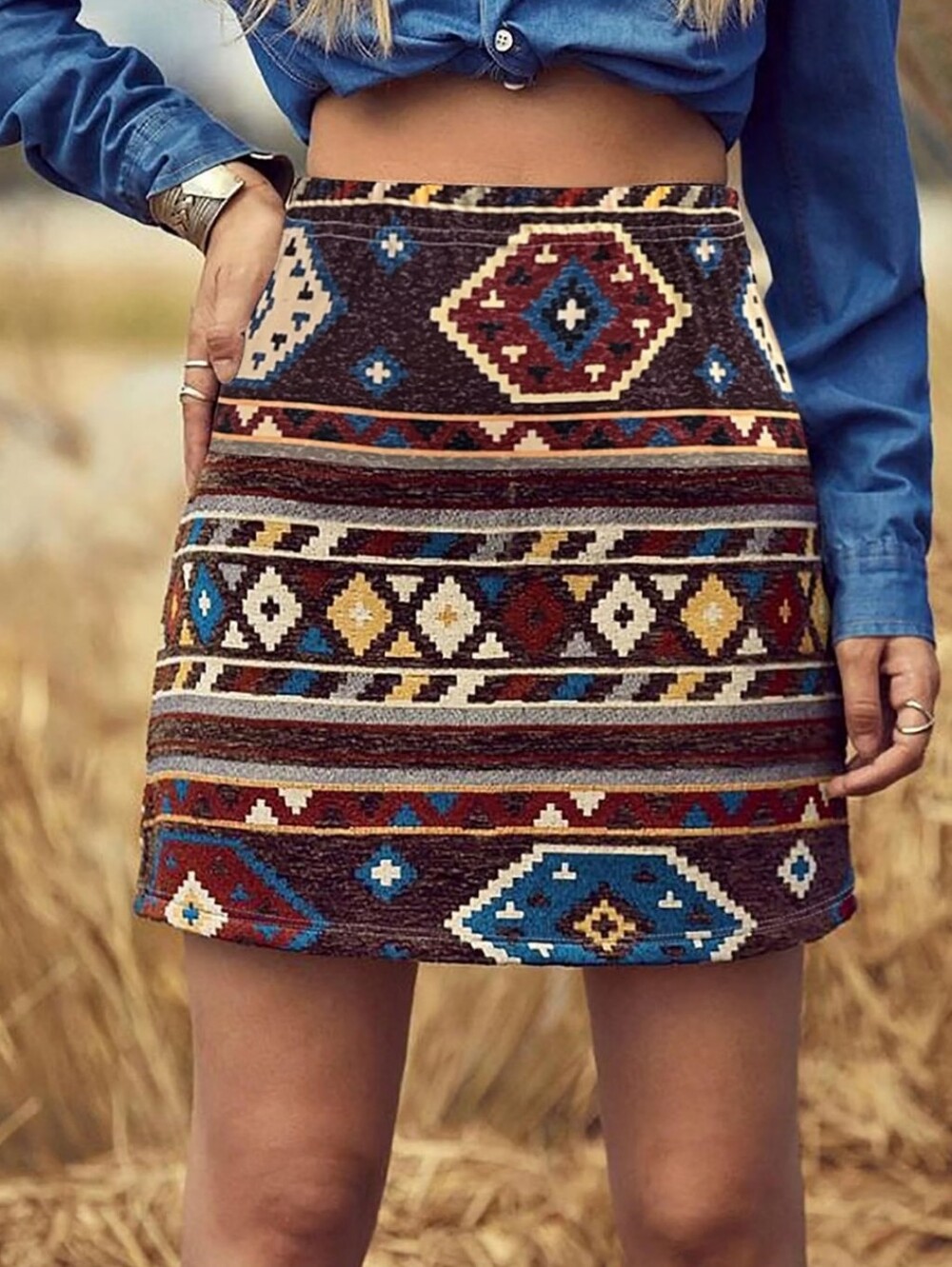 Boho Geo-Print Mini Skirt - High Waist Geometric Western Print Sime Medium NIP
